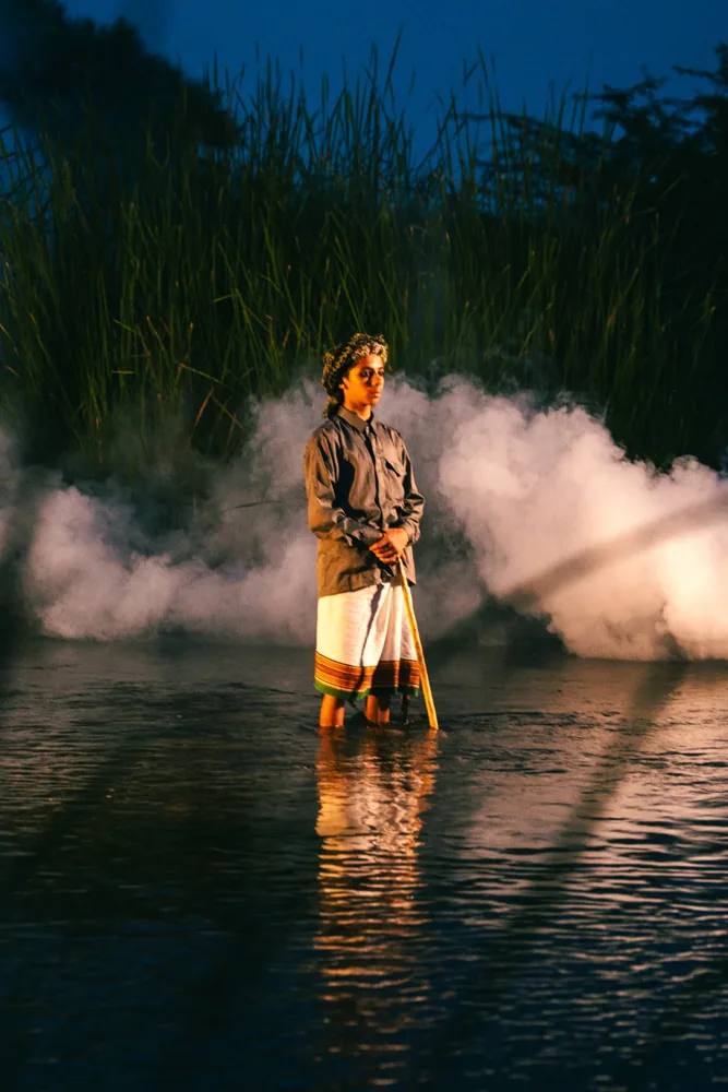 Water, smoke and light on set.